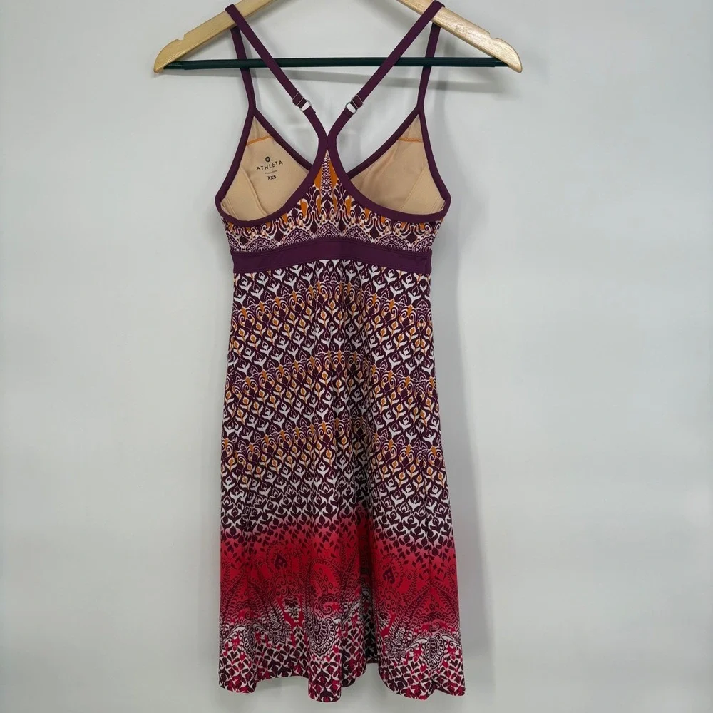Athleta Purple Red Ombre‎ Paisley Geometric Strappy Shelf Bra Swim Dress XXS